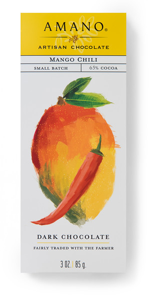 Mango Chili Chocolate - Cocoa Beans, Cocoa Butter, Pure Cane Sugar, Freeze-dried Mango, Arbol Chilies, Whole Vanilla Bean. Rich dark Guayas chocolate with green banana and blackberry notes made out of cacao beans of Ecuador. Rich creamy mango with the warmth of chili peppers.