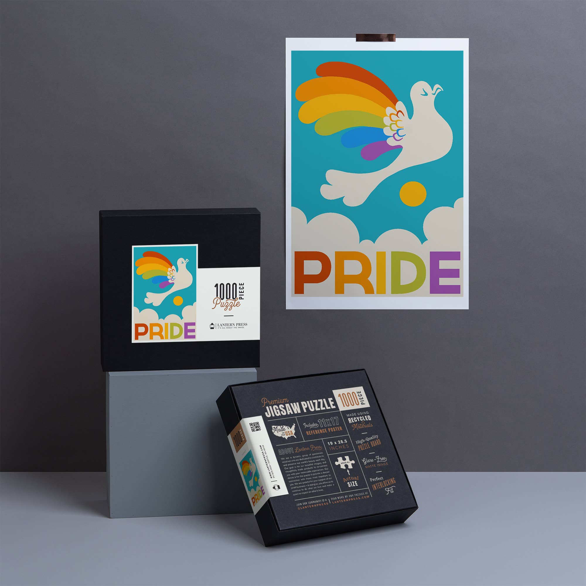 1000 Piece Puzzle Gay Pride - Rainbow Bird     • 1000 piece puzzle  • Glare-free matte finish  • Printed with Eco-friendly inks  • 100% Made in America  • 11 x 17" reference poster included inside  • Puzzle Size - 19 x 28.5 inches  • Puzzle Box Size - 9 x 9 x 2