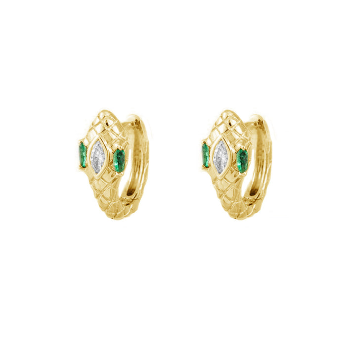 Draco, unusually for constellations, looks exactly like a snake and literally slithers its’ way across the northern sky. It’s located between Ursa Major and Ursa Minor, so it’s easy to spot on a clear night. These serpentine hoops have emerald eyes and a sparkling clear cz on the top, shimmering and slithering their way into our favorite hoops spot.



• 925 sterling silver with gold plating

• Extra layer of tarnish resistance

• Emerald and clear cz textured pattern