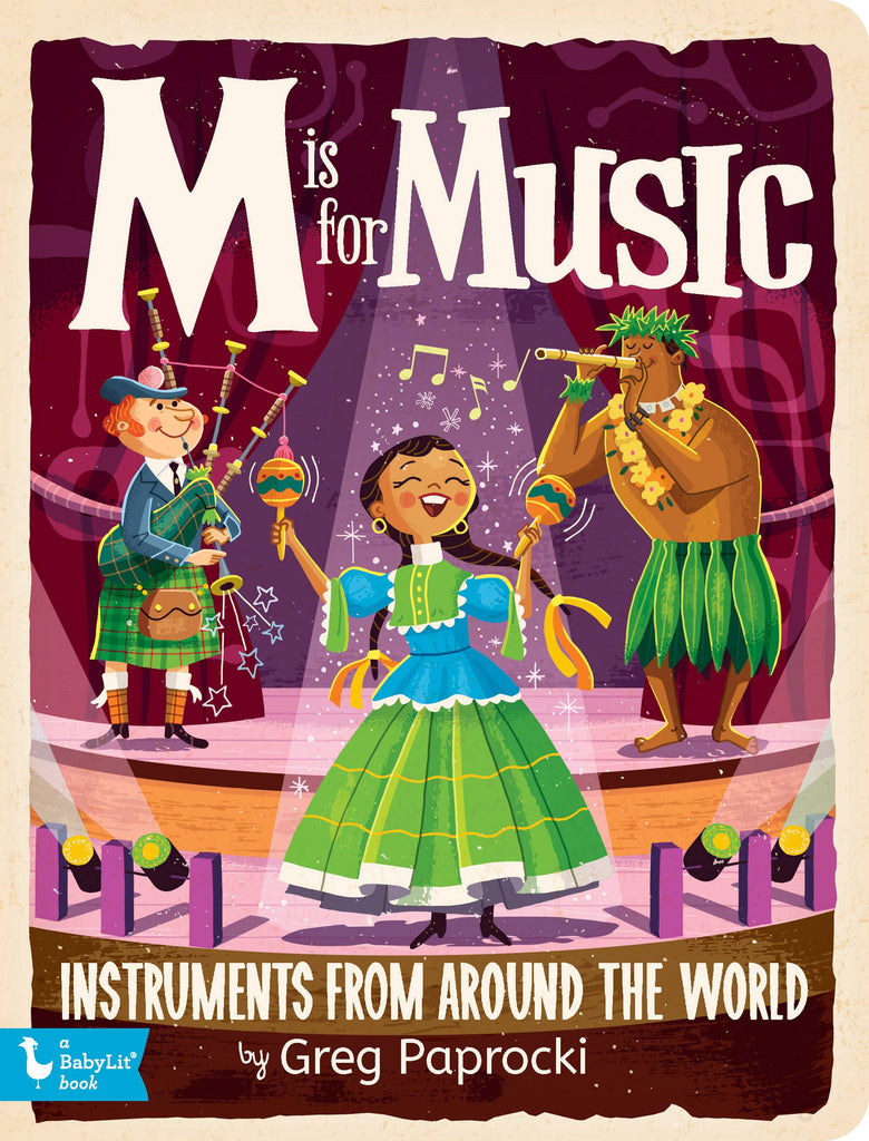 A charming introduction to musical instruments from around the world! F for flugelhorn, M for maraca, and T for tambourine.  Illustrator Greg Paprocki’s engaging retro illustrations present the world of music, from the piccolo to the nose flute, from the veena to the ukulele. Each page contains rich cultural elements from the instrument's region of origin.