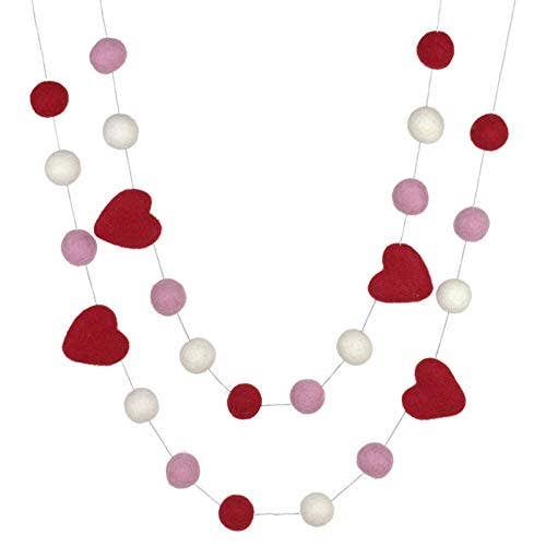  Felt balls measure 1". Hearts measure approx. 1.75".  Garland is a 6 ft string with 21 balls + 4 red hearts.  Felt shapes are moveable. Once in place, shapes will not move on their own. Garland comes as one single strand. Red, Pink, white felt balls.