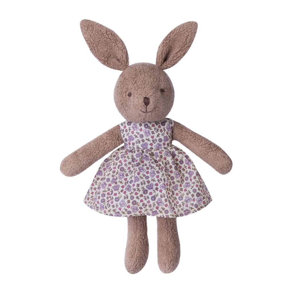 Hop into spring with this adorable Little Bunny Plush! Featuring a cocoa brown bunny with a vintage floral dress. This little bunny is perfect for cuddling and adding a touch of whimsy to any room. Bring a little joy into your life with this cute and quirky plush!