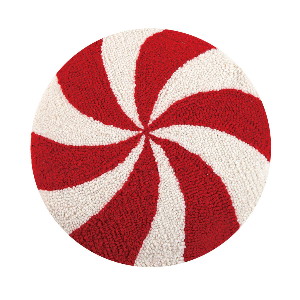 Candycane Hook Pillow     Description  100% wool hooked square accent pillow  100% velvet backing  Includes polyester insert, zipper closure      Size  14X14" throw pillow