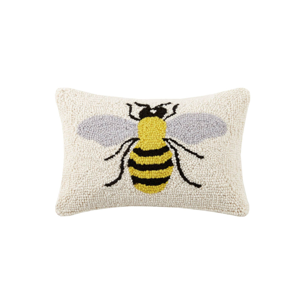 Bee Hook Pillow - Cream     Material  Wool hook pillow, with cotton velvet backing.  Includes polyester insert, zipper closure     Dimensions  12" l x 8" h