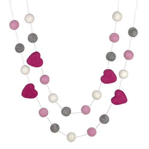 Felt balls measure 1". Hearts measure approx. 1.75". Garland is a 6 ft string with 21 balls + 4 red hearts. Felt shapes are moveable. Once in place, shapes will not move on their own. Garland comes as one single strand. Pink, Grey & white felt balls.
