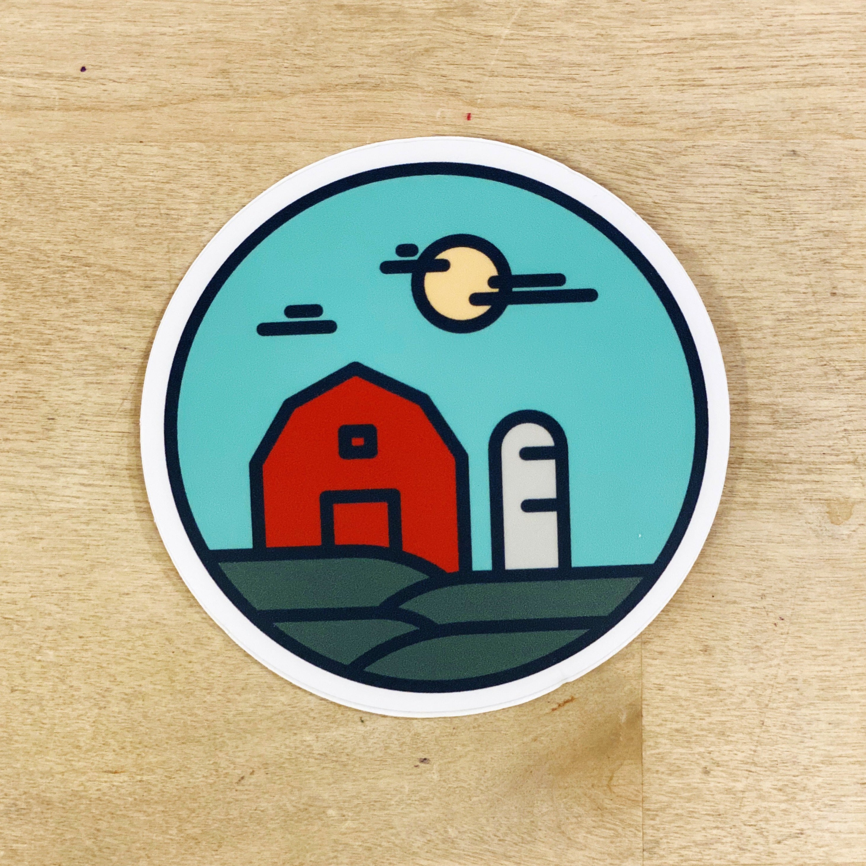 Barn Badge - Sticker. Red barn, silo & sun