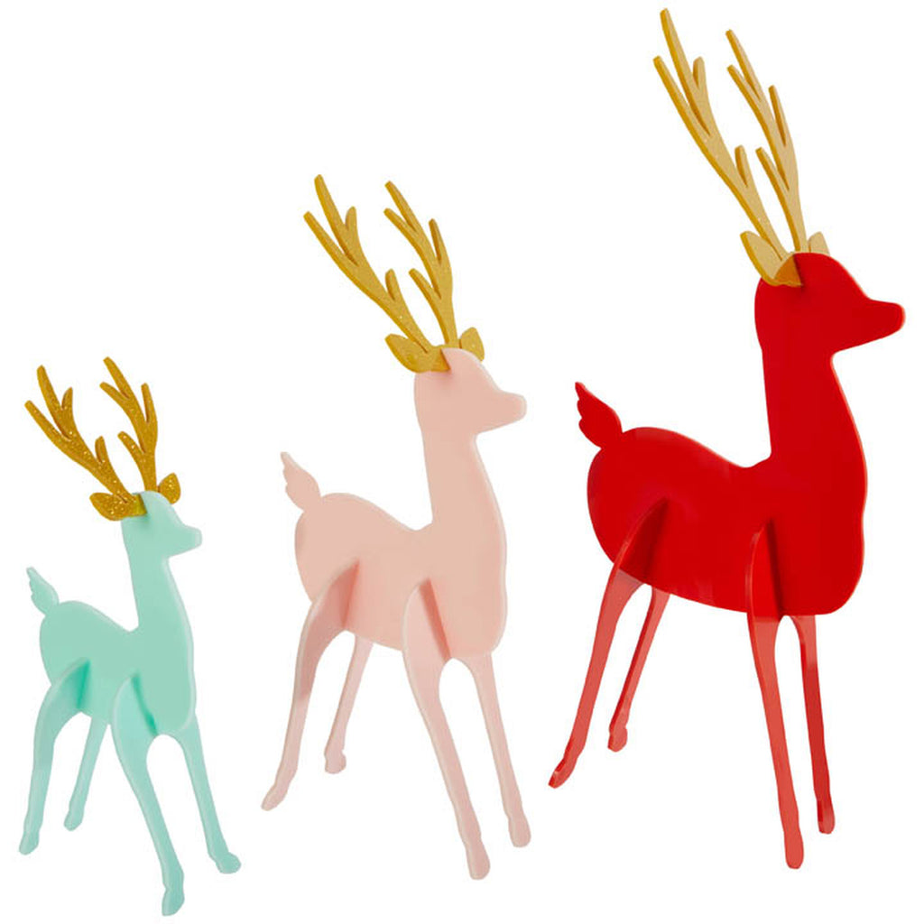 Have yourself a colorful Christmas with these acrylic Christmas Deer. This set includes a large, medium, and small deer with gold glitter acrylic antlers & comes in two other colorways.  Some assembly required Large 14" H x 6" W, Medium 12" H x 5" W, Small 9" H x 4" W Acrylic Deer - Blue, Light Pink, and Red. Comes in a package all together.