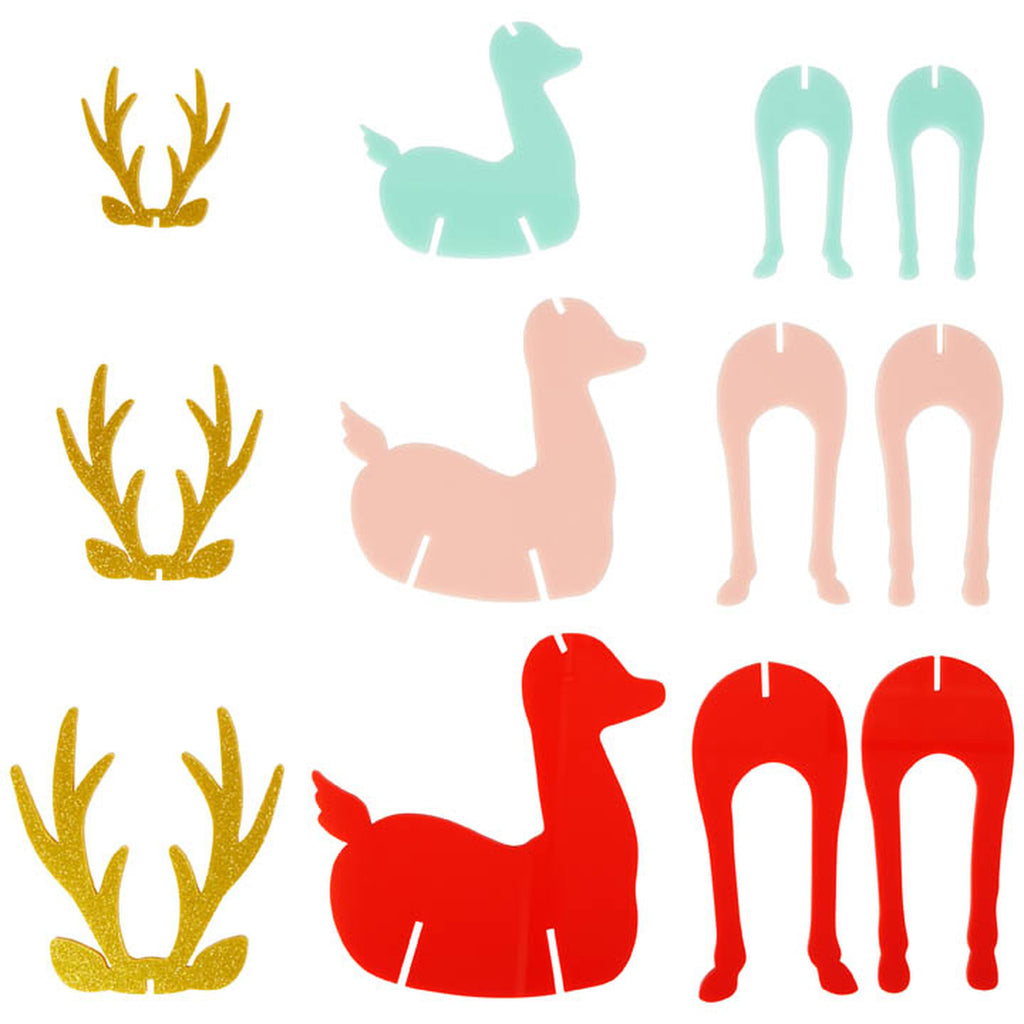 Have yourself a colorful Christmas with these acrylic Christmas Deer. This set includes a large, medium, and small deer with gold glitter acrylic antlers & comes in two other colorways.  Some assembly required Large 14" H x 6" W, Medium 12" H x 5" W, Small 9" H x 4" W Acrylic Deer - Blue, Light Pink, and Red. Comes in a package all together.