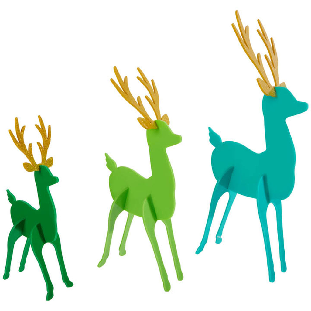 Colorful acrylic Christmas Deer to bring some flair to your Christmas decor. Set includes 3 deer - large, medium, and small with gold glitter acrylic antlers. It also comes in three different colorway sets!  Some assembly required Large 14" H x 6" W, Medium 12" H x 5" W, Small 9" H x 4" W Acrylic Deer - Green, Light Green, and Teal. Comes in a package all together.