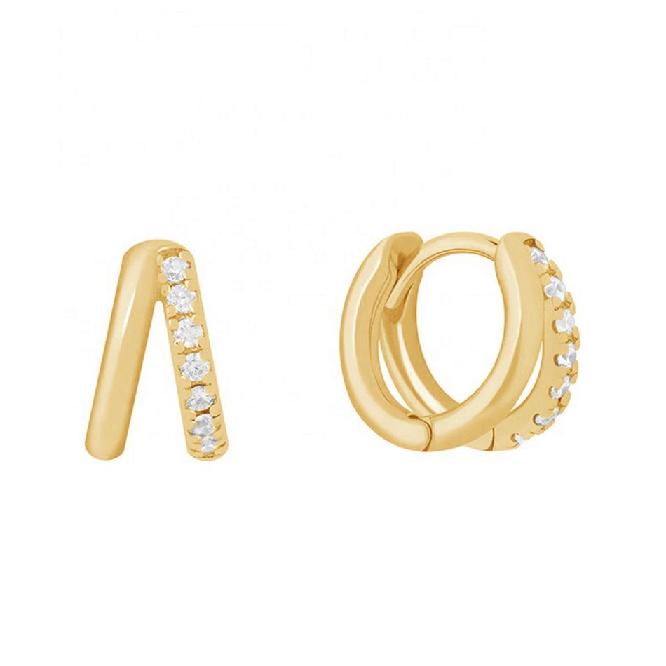 The Alula Huggie Hoops get their name from the double star in the northern circumpolar constellation of Ursa Major. These double hooped huggies, are a modern take on the classic gold hoop. 925 sterling silver with gold plating extra layer of tarnish resistance. double round hoops with zirconium diamond.