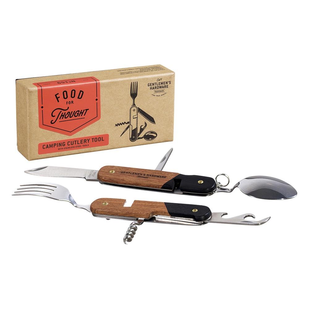 The only tool you'll probably ever need by the campfire! Gentlemen's Hardware presents the Camping Cutlery Tool, a multi-functional and exceptionally durable cutlery tool.  Features a fork, knife, spoon, corkscrew, bottle and can opener, as well as a short blade Each stainless steel utensil folds neatly into a smart wooden handle Fork and spoon detachable for mealtimes Comes in a giftable Gentlemen's Hardware signature-style presentation box