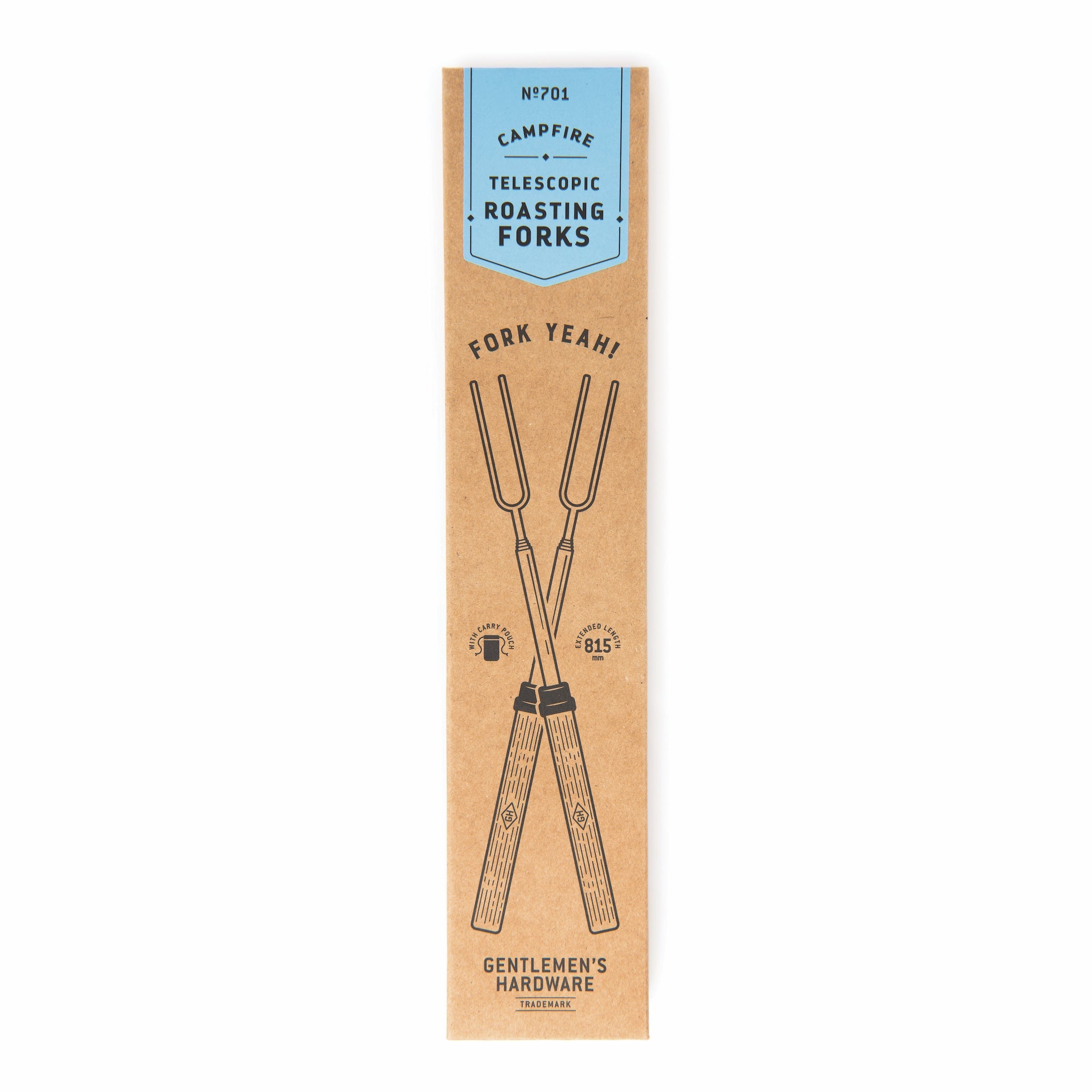 Perfect for campfire roasting without roasting your fingers! These handy beach wood and stainless still Telescoping Roasting Forks extend to 23 inches, allowing you to safely toast a marshmallow or roast a hotdog. Includes two roasting forks and a carry pouch.  Pouch size  .67"w x 12.2"l   Box size  2.56"w x 12.8Óh x 1.38"d