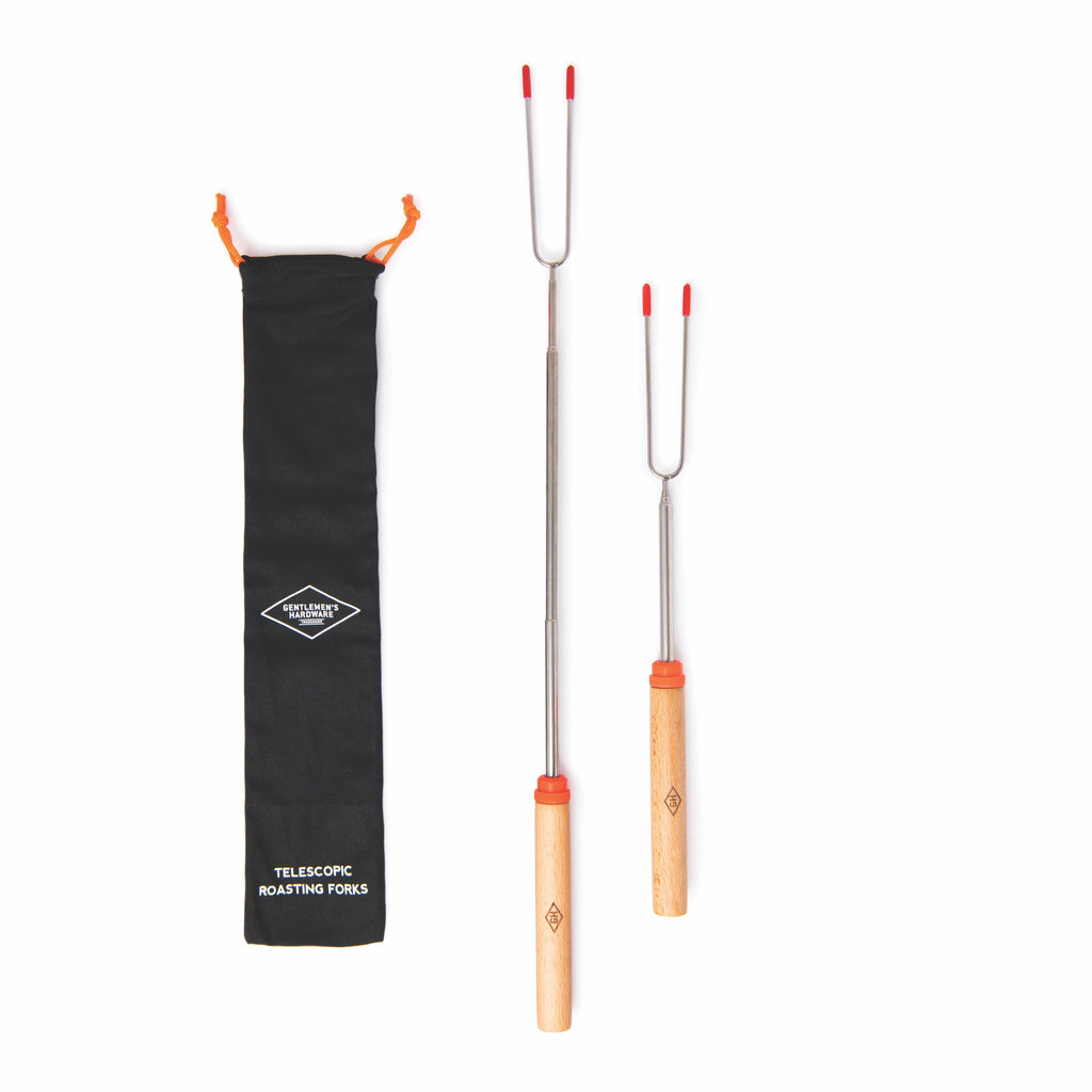 Perfect for campfire roasting without roasting your fingers! These handy beach wood and stainless still Telescoping Roasting Forks extend to 23 inches, allowing you to safely toast a marshmallow or roast a hotdog. Includes two roasting forks and a carry pouch.  Pouch size  .67"w x 12.2"l   Box size  2.56"w x 12.8Óh x 1.38"d