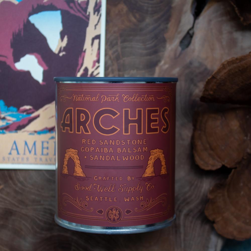 Arches- red sanstone, copaiba balsa & sandalwood   All natural soy candle handcrafted to impart the scents of the wild and pristine lands of America's National Parks. Made in small batches in Seattle, WA. All of our products are 100% vegan. 100% eco-friendly. 100% recyclable. Ethically sourced + produced. Never tested on animals. Petroleum free. GMO free. Lead free. Phthalate free. Made in the USA. 14 oz
