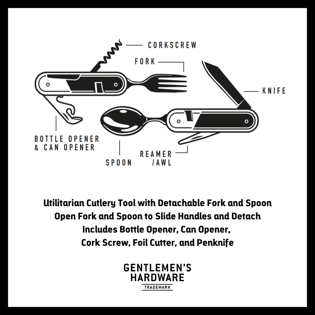 The only tool you'll probably ever need by the campfire! Gentlemen's Hardware presents the Camping Cutlery Tool, a multi-functional and exceptionally durable cutlery tool.  Features a fork, knife, spoon, corkscrew, bottle and can opener, as well as a short blade Each stainless steel utensil folds neatly into a smart wooden handle Fork and spoon detachable for mealtimes Comes in a giftable Gentlemen's Hardware signature-style presentation box