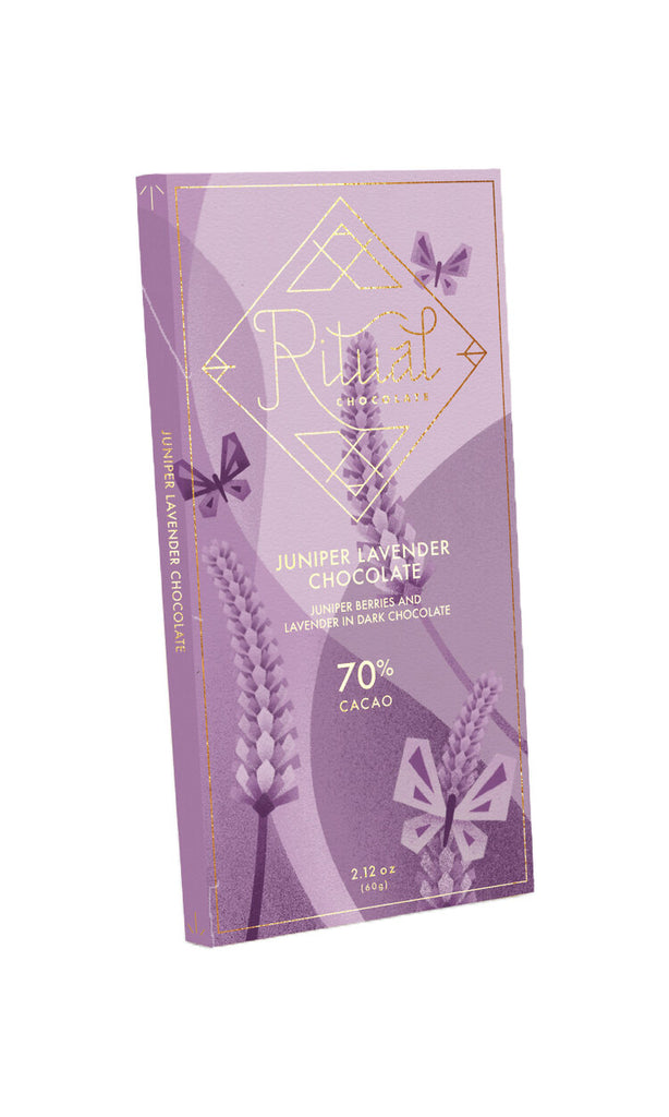 Juniper Lavender - Juniper Berries & Lavender in Dark Chocolate - 70% Cacao -Inspired by the mountains and growers around us, this bar is a blend of lavender grown by Lavender Hill Farms in Eden, Utah and dried juniper berries. Tasting Notes: Lavender, Juniper, Pine, Citrus, Floral