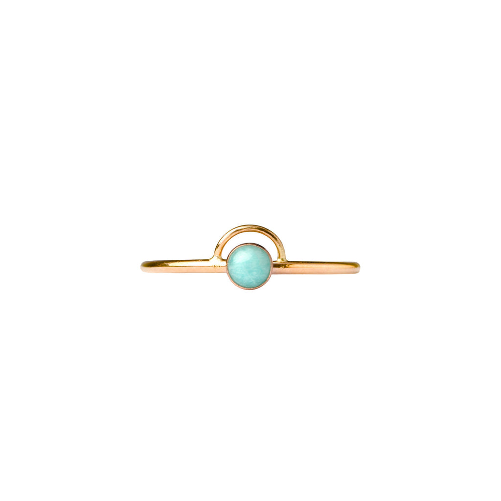 A rich blue amazonite stone sits in the center of the arc in this ring.  An arc is the path above or below the horizon of celestial body, like the sun or moon.  Amazonite stones bestow truth, integrity and honesty to the wearer.    Hand-formed, with a bezel and wire in 14k goldfill.  Available in sizes 4-11 16 Gauge wire thickness 4mm amazonite stone Polished finish