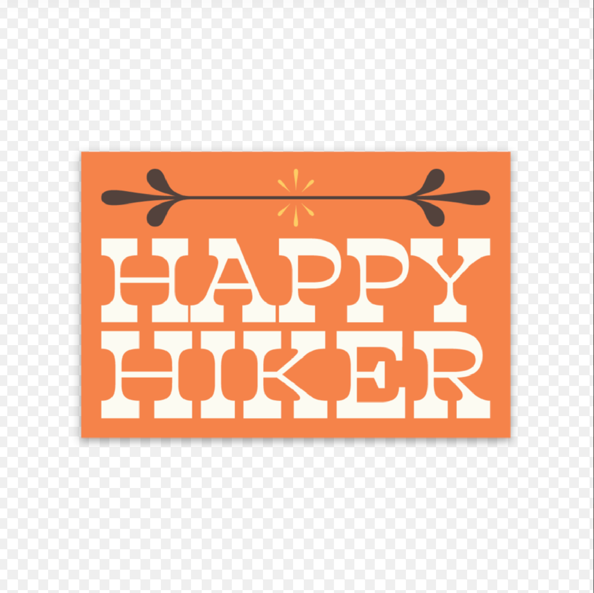 Happy Hiker Sticker. Orange background with Happy Hiker written in white.