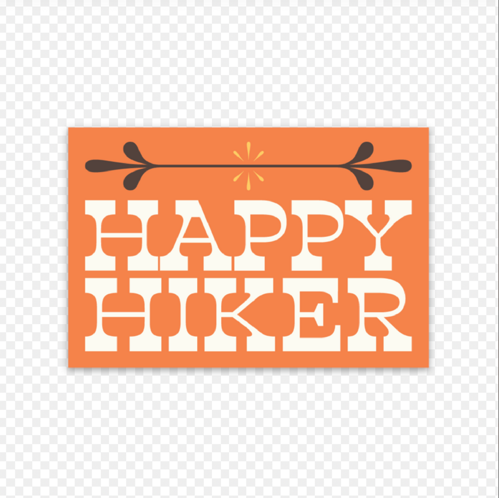 Happy Hiker Sticker. Orange background with Happy Hiker written in white.