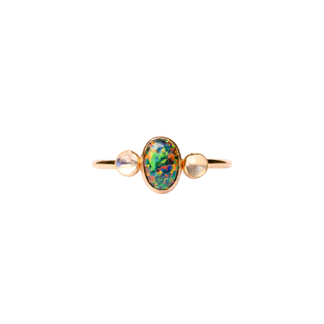 Trilogy Black Opal and Moonstone Ring Goddess Ring Dark Moon - Goldfill