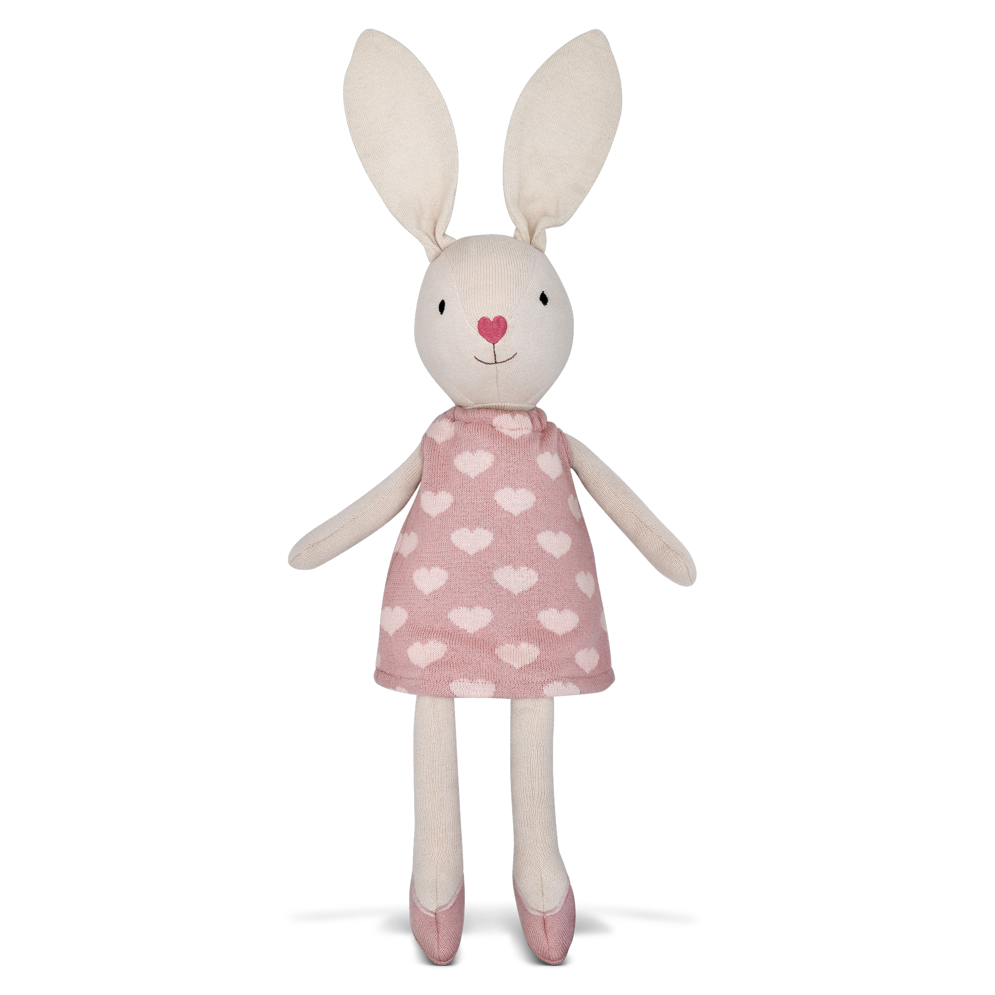 Hop into fun with our Knit Bunny Plush - Luella! This cuddly companion is the perfect blend of softness and playfulness. Made with high-quality knit fabric, Luella is ready to be your new best friend. Perfect for snuggles and imaginative adventures, bring home Luella today!     • 100% GOTS certified organic cotton  • Embroidered nose, mouth and eyelashes  • Made with OEKO-TEX 100 eco-friendly dyes  • Approximately 16.5 x 3.75 x 3 inches