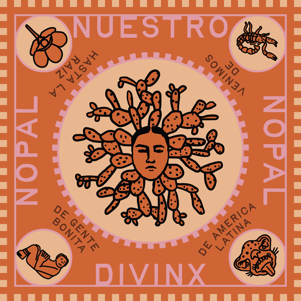 Introducing the "Nuestra Nopal Divinx" bandana - a versatile and stylish accessory for all your adventures! Made with high-quality material, it can be used as a headband, scarf, or even a face covering. With its unique design, you'll stand out in any crowd. Time to get your Divinx on!