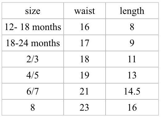 12-18 months waist 16, length 8. 18-24 months. waist 17. length 9. 2/3 waist 18. length 11. 4/5. waist 18. length 13. 6/7. waist 21. length 14.5. 8. waist 23. length 16