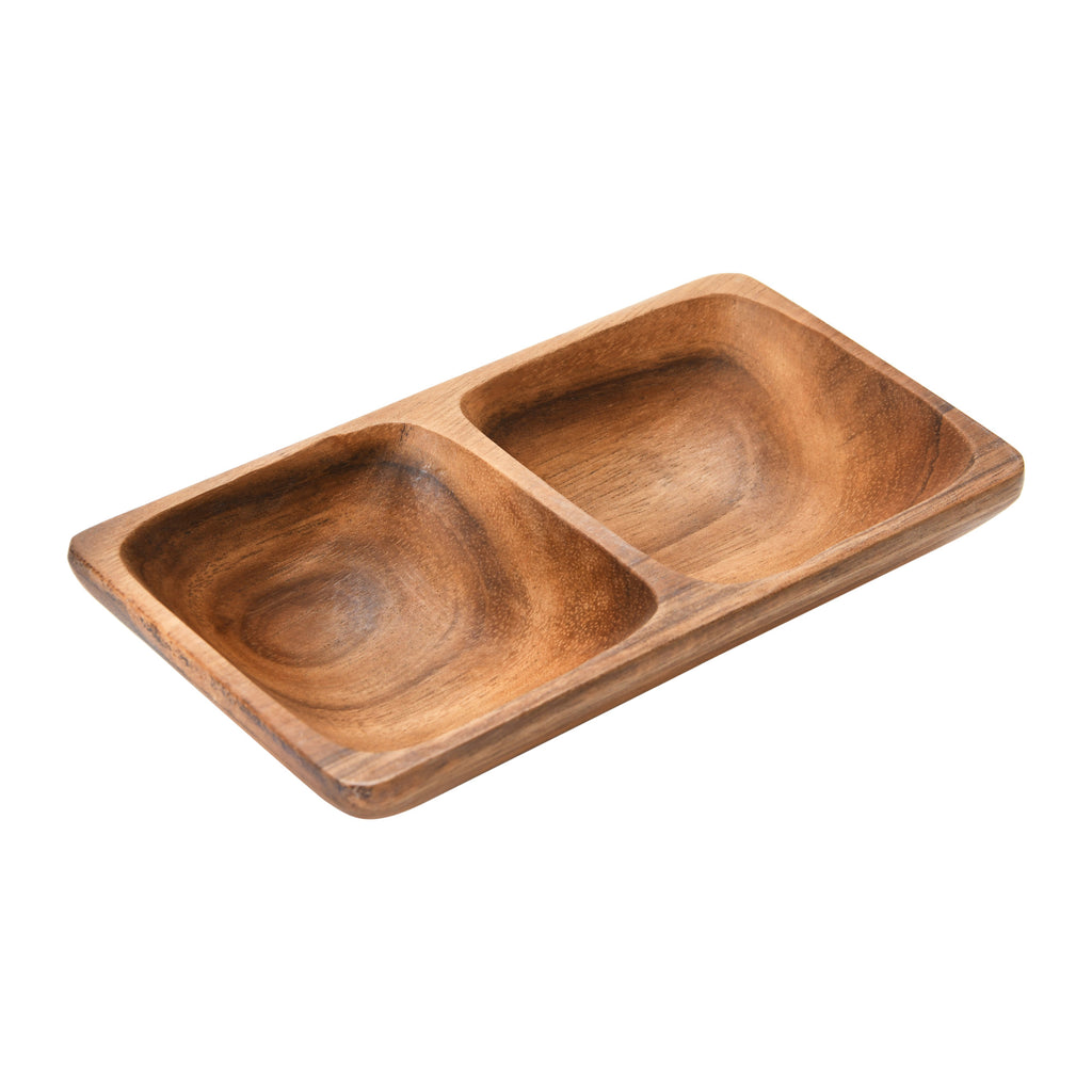 This wood tray is perfect for serving foods to friends or family, or simply set on a table with small decorative accents for display. Made out of acacia wood, this tray has 2 compartments for serving different foods. Pull this out at your next gathering and serve your guests in style     Dimensions  6-1/2"L x 3-3/4"W x 1-1/4"H