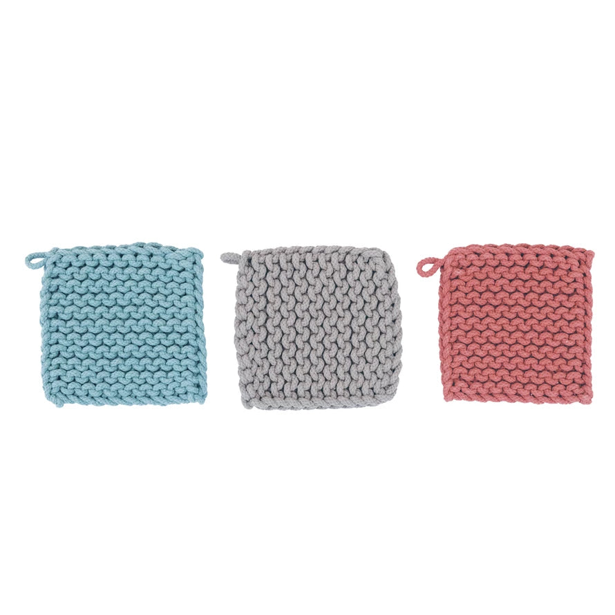 Cotton Crocheted Pot Holder  A best-seller for a reason! Everyone's favorite pot holder.     Color  Blue  Grey  Pink