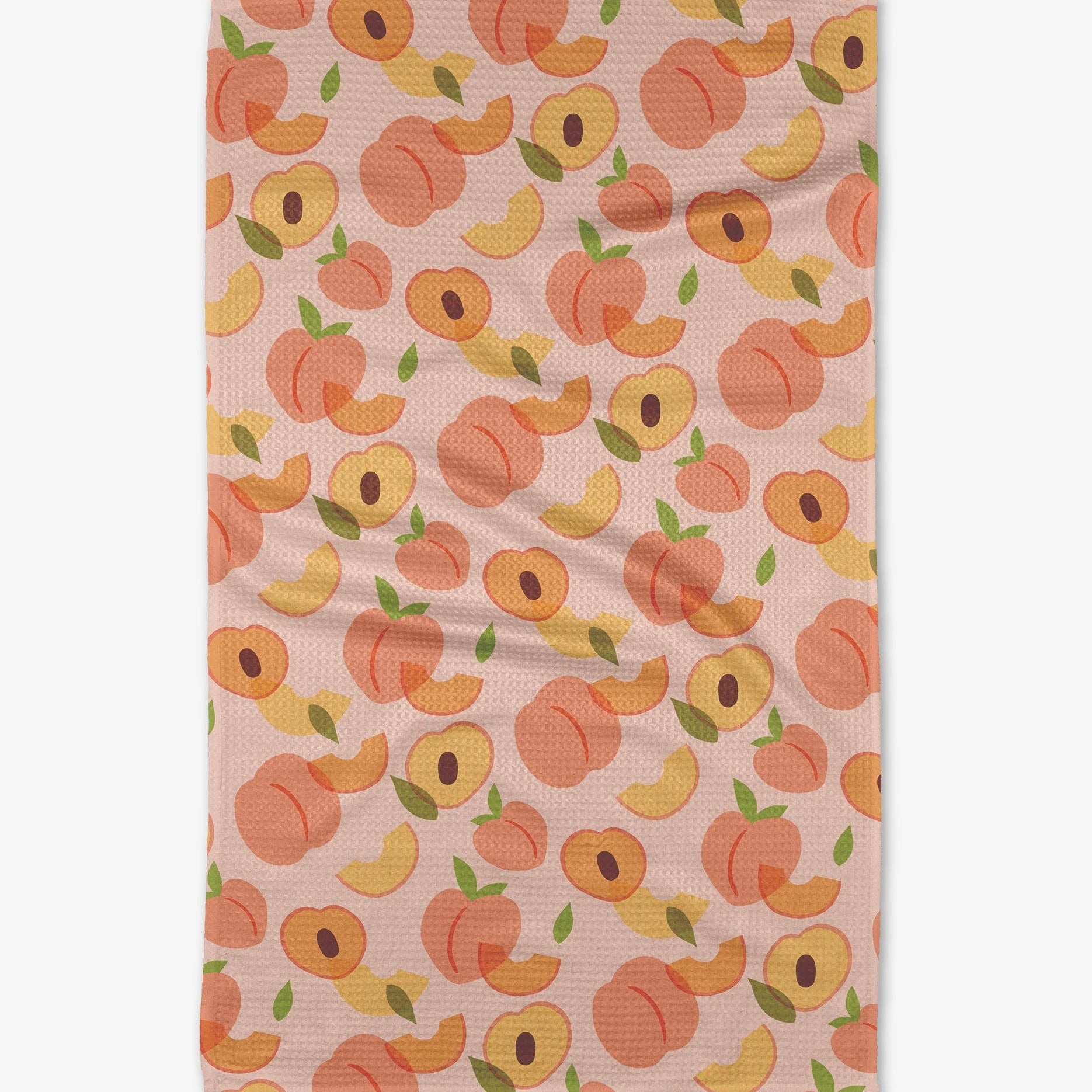 Peaches on a pink background tea towel