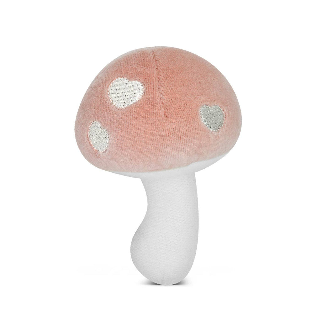 Let this Mushroom Rattle add a touch of whimsy to your baby's toy collection. Made of soft pink velour, it's perfect for tiny hands to shake and play with. It also makes a gentle rattling sound to stimulate sensory development. It's the perfect blend of cute and practical. Fungi never looked so fun!     * 100% GOTS certified organic cotton  * Filled with organic cotton and naturally hypoallergenic corn fiber  * Securely sewn plastic-free, BPA-free, phthalate-free rattle  * 5x4 inches
