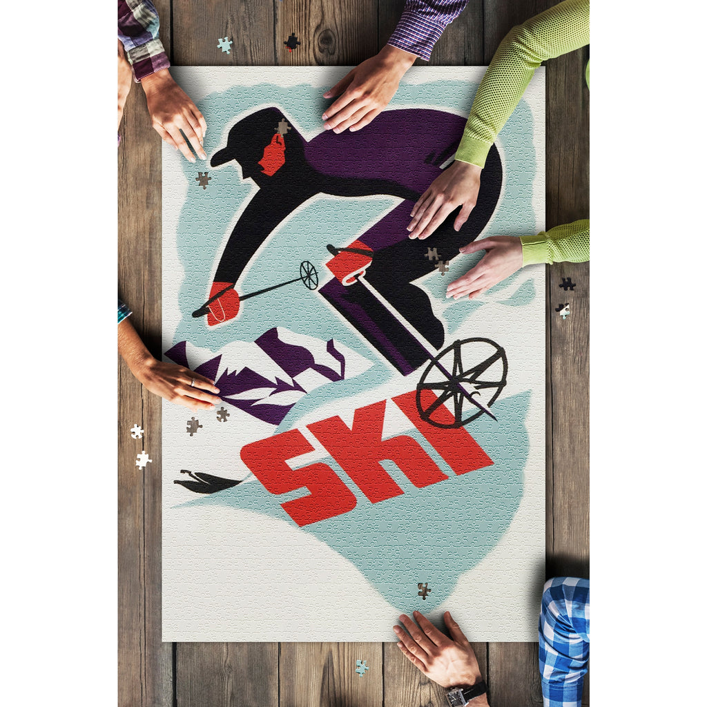 1000 Piece Puzzle Retro Skier     • 1000 piece puzzle  • Glare-free matte finish  • Printed with Eco-friendly inks  • 100% Made in America  • 11 x 17" reference poster included inside  • Puzzle Size - 19 x 28.5 inches  • Puzzle Box Size - 9 x 9 x 2