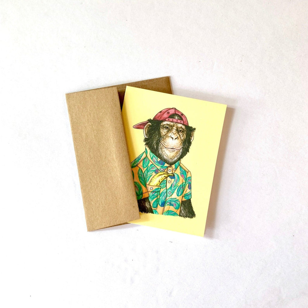 Backwards baseball hat chimp greeting card