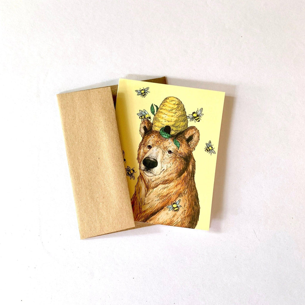 Bear with beehive and bees greeting card