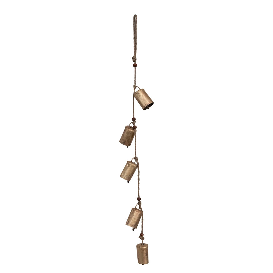 Hanging Metal Bells with Wood Beads and Jute Rope - Antique Brass Finish